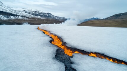 Wall Mural - Lava Erupting from Mountain’s Snowy Core