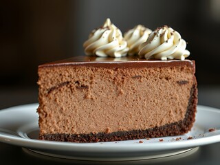 there is a piece of chocolate cake on a plate with whipped cream.