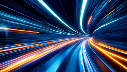 Wall Mural - abstract neon glowing light streak lines. speeding along a road at night
