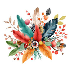 Canvas Print - Colorful Botanical Arrangement with Feathers and Berries Accents