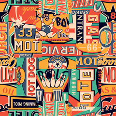 Wall Mural - vintage motel gasoline car service restaurant sign board patchwork abstract vector seamless pattern 