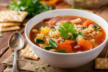 Poster - Minestrone soup with crackers on a rustic vintage backdrop