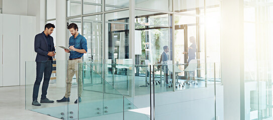 Aufkleber - Talking, tablet and business people in office, connection and conversation with planning. Lens flare, financial consultant and employees in workplace, technology or review for taxes or online reading