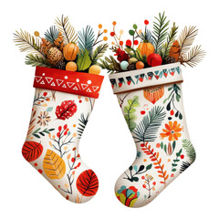 Wall Mural - Colorful Christmas Stockings Filled with Floral Decorations and Fruits