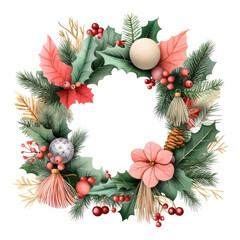 Sticker - Decorative Christmas Wreath with Holly Leaves and Ornaments