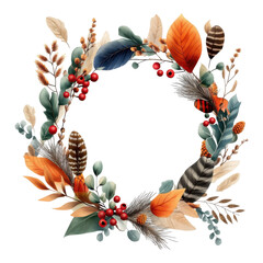 Wall Mural - Colorful Autumn Wreath with Leaves and Berries in a Circular Design