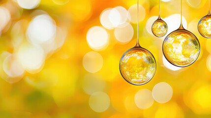 Poster - Shimmering bubbles with radiant light reflections create vibrant atmosphere. warm yellow background enhances beauty of droplets