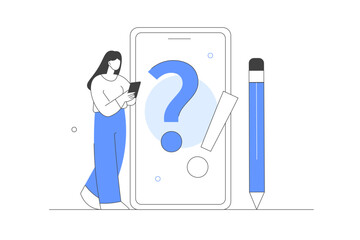 Poster - Frequency asked questions and helpdesk. Character asking questions to helpdesk customer service and receiving answers. User support concept. Flat Cartoon Vector Illustration, icon. Stylish abstract