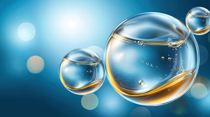 Poster - Floating bubbles shimmer in serene blue background, creating tranquil atmosphere