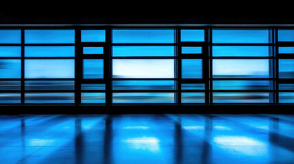 Poster - Dynamic indoor setting with blue reflections and blurred window view, creating sense of movement and energy