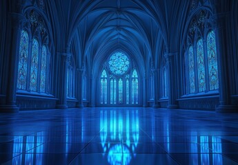 Wall Mural - Ethereal Gothic Architecture Interior with Blue Lighting and Stained Glass