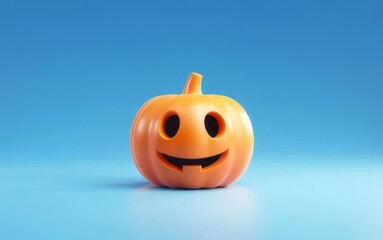 Wall Mural - Happy smiling jack-o'-lantern pumpkin on blue background.