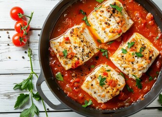 Poster - Pan seared halibut with tomato sauce on white background Top view