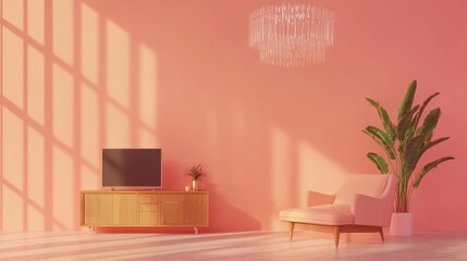 Poster - A stylish pink living room with modern furniture and a plant.