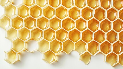 Poster - Close-Up View of Honeycomb Structure with Golden Honey Dripping from Hexagonal Cells on White Surface