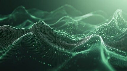 Poster - Abstract representation of flowing waves with glowing particles in a green hue.