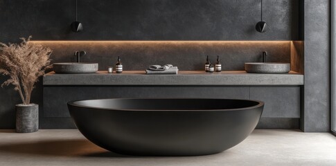 Poster - Elegant modern bathroom featuring a black freestanding tub and dual sinks with ambient lighting.