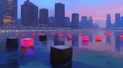 Poster - Urban Landscape with Colorful Cubes at Dusk by the Water