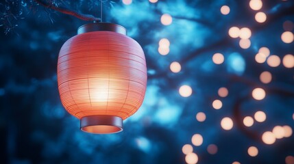 Poster - Red Lantern Illuminating a Tranquil Blue Night Sky with Dazzling Lights