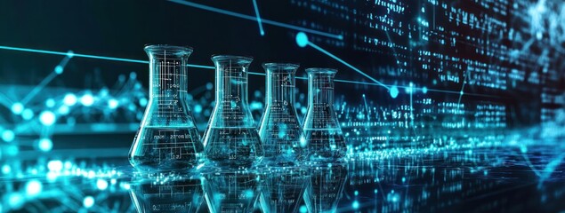 Poster - A futuristic scene featuring laboratory flasks with digital data visualizations.