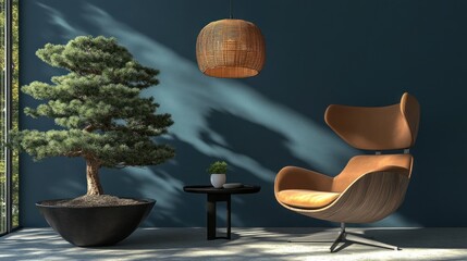 Aufkleber - A cozy interior scene featuring a bonsai tree, modern chair, and pendant light.