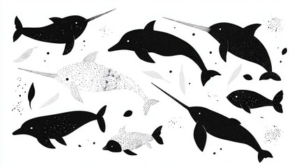 Poster - Artistic Illustration of Narwhals Swimming in Black and White with Abstract Elements and Patterns