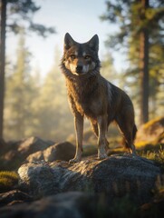 Poster - A majestic wolf stands on a rock in a serene forest, bathed in soft morning light.