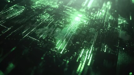 Poster - Abstract digital landscape with glowing green circuitry and data patterns.