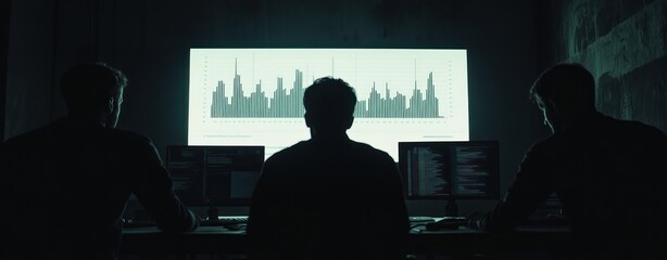 Poster - Three individuals observing data visualizations on screens in a dimly lit environment.