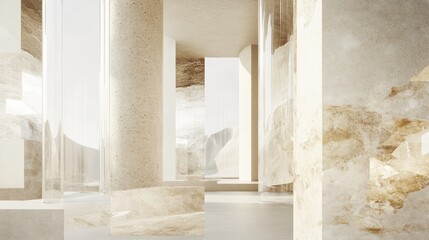 Fototapete - A serene, modern interior featuring marble-like textures and transparent elements.