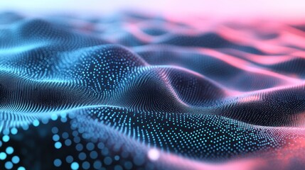 Poster - Abstract digital landscape with flowing waves and glowing particles in blue and pink hues.