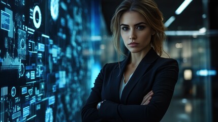Aufkleber - A confident woman stands in front of a digital interface, exuding professionalism and focus.