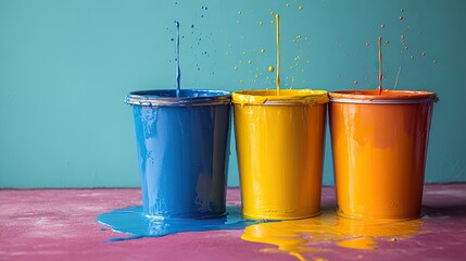 Wall Mural - Opened paint buckets and splashes of paint against a wall with copy space suggest a DIY project or construction in progress