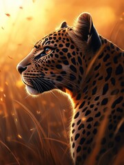 Poster - A majestic leopard in profile against a warm, glowing background of grass and light.