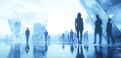Aufkleber - A futuristic urban scene with silhouettes of people against abstract structures.