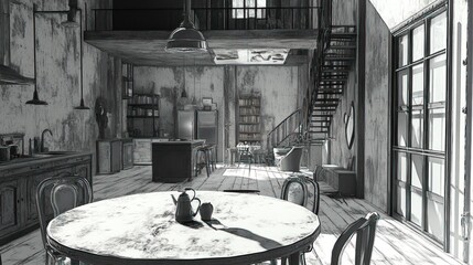 Poster - A monochrome interior scene featuring a rustic kitchen and living area with a staircase.