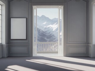 Poster - A serene room with an open door showcasing a stunning mountain view.