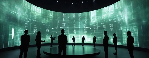 Fototapete - A group of silhouetted figures in front of a digital display, suggesting a tech-focused meeting.