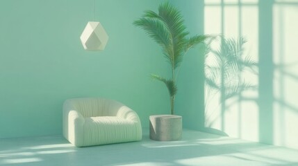 Poster - A serene interior space featuring a chair, planter, and soft lighting in a calming color scheme.