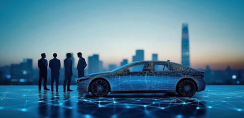 Aufkleber - A futuristic car with a digital network design, surrounded by silhouettes of business professionals.