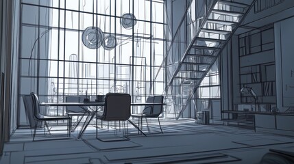 Fototapete - A minimalist interior design sketch featuring a dining area and staircase.