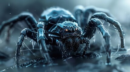 Wall Mural - Closeup of a large ominous black spider lurking in a dark moody environment with rain droplets and dramatic atmospheric lighting creating a sense of mystery and suspense