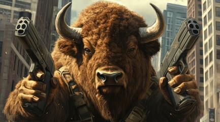Poster - A bison character wielding guns in an urban setting, blending wildlife with action themes.