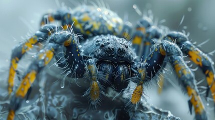 Close up of a spider or other arachnid crawling on an icy frosty web in a mysterious moody autumnal scene with a foggy misty atmosphere  The small insect s spiky legs thorny body