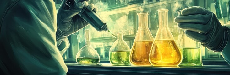 Poster - A laboratory scene showing scientists conducting experiments with colorful liquids in flasks.