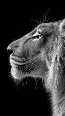 Poster - A monochrome profile of a lion, showcasing its majestic features against a black background.