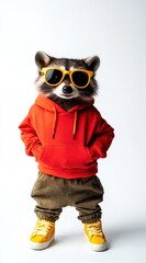Poster - A raccoon wearing sunglasses, a red hoodie, and baggy pants, posing confidently.