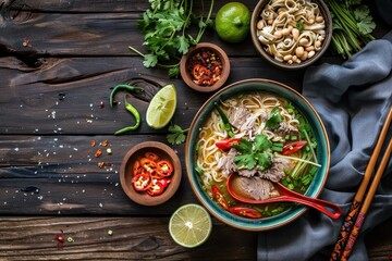 Poster - Thai style duck noodle soup on wooden table for lunch