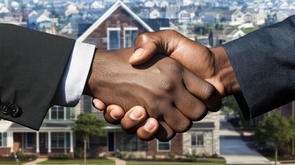 Aufkleber - Two hands shaking in front of suburban houses, symbolizing agreement or partnership.