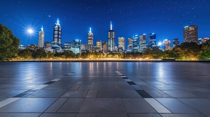 Poster - Nighttime city skyline with illuminated buildings and starry sky.